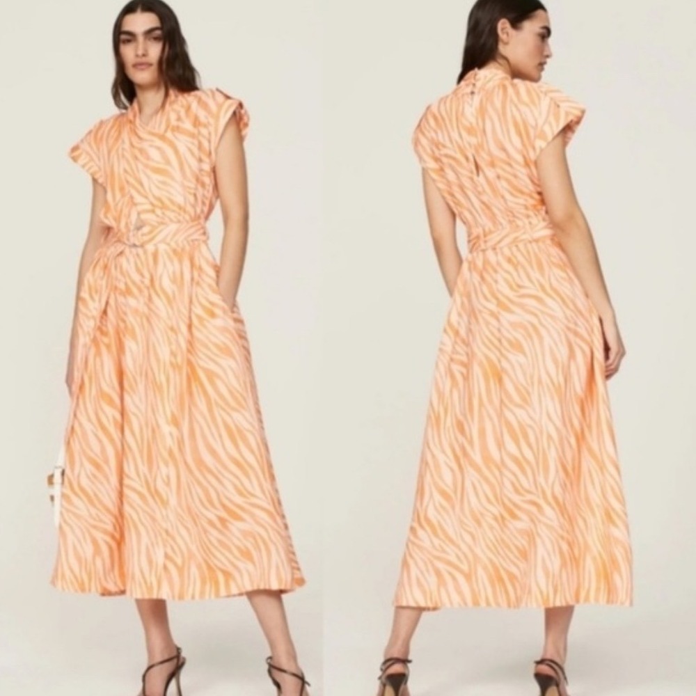Derek Lam 10 Crosby Collective Zebra Print Orange Linen Blend Midi Dress Size 40